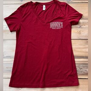 Ideal T- Next Level Red V-Neck T-Shirt with Woody Logo